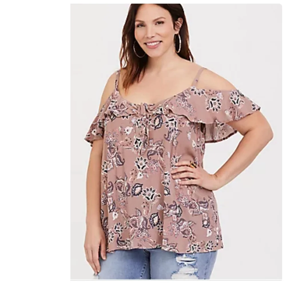 Torrid Walnut Paisley Gauze Cold Shoulder Cutout Top Tie Front Size 00 (M/L)